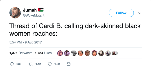 Thread of Cardi B calling dark-skinned black women roaches