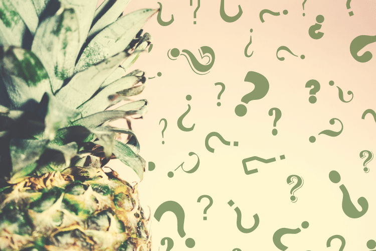 Close up left side of a pineapple with question marks falling in the background
