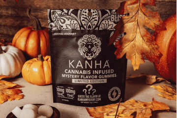 Kanha mystery edibles surrounded by fall decorations