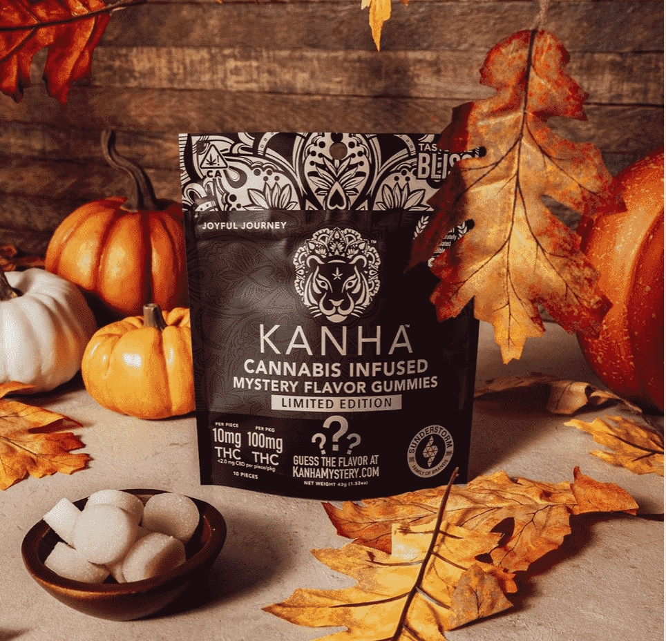 Kanha mystery edibles surrounded by fall decorations