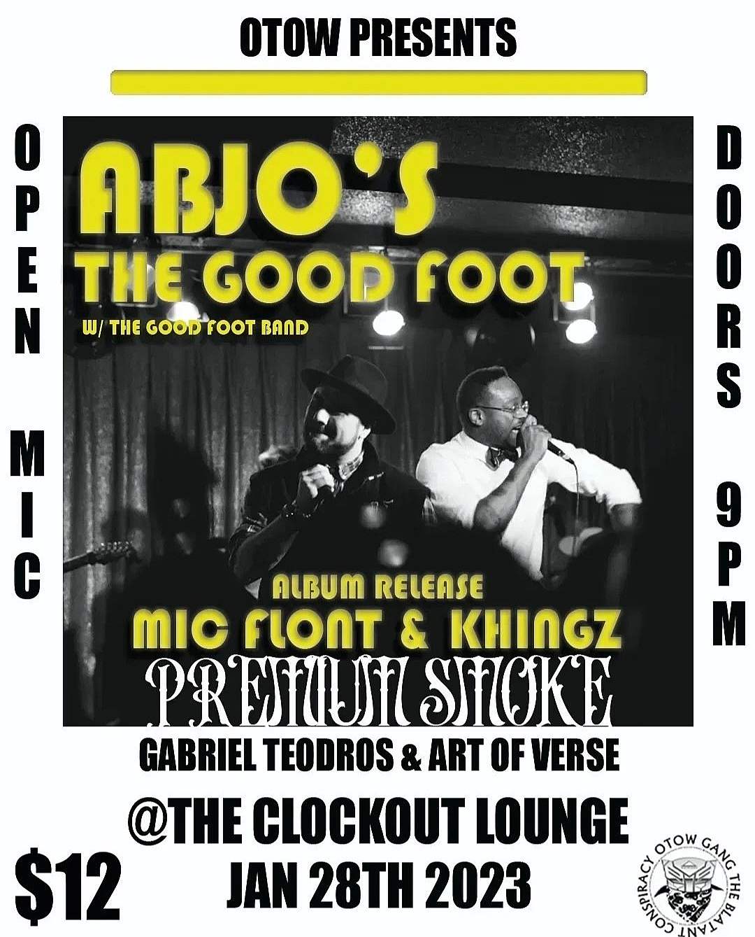 - rapoholik AbJo's The Good Foot z Mic Flont i Khingz "dym premium" impreza z okazji premiery albumu w Clock-Out Lounge | "Klejnoty" seria freestyle'owa