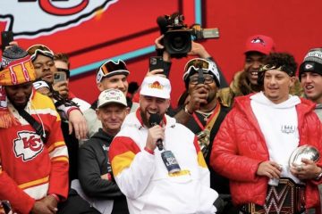 Travis Kelce speaks at the Superbowl Parade