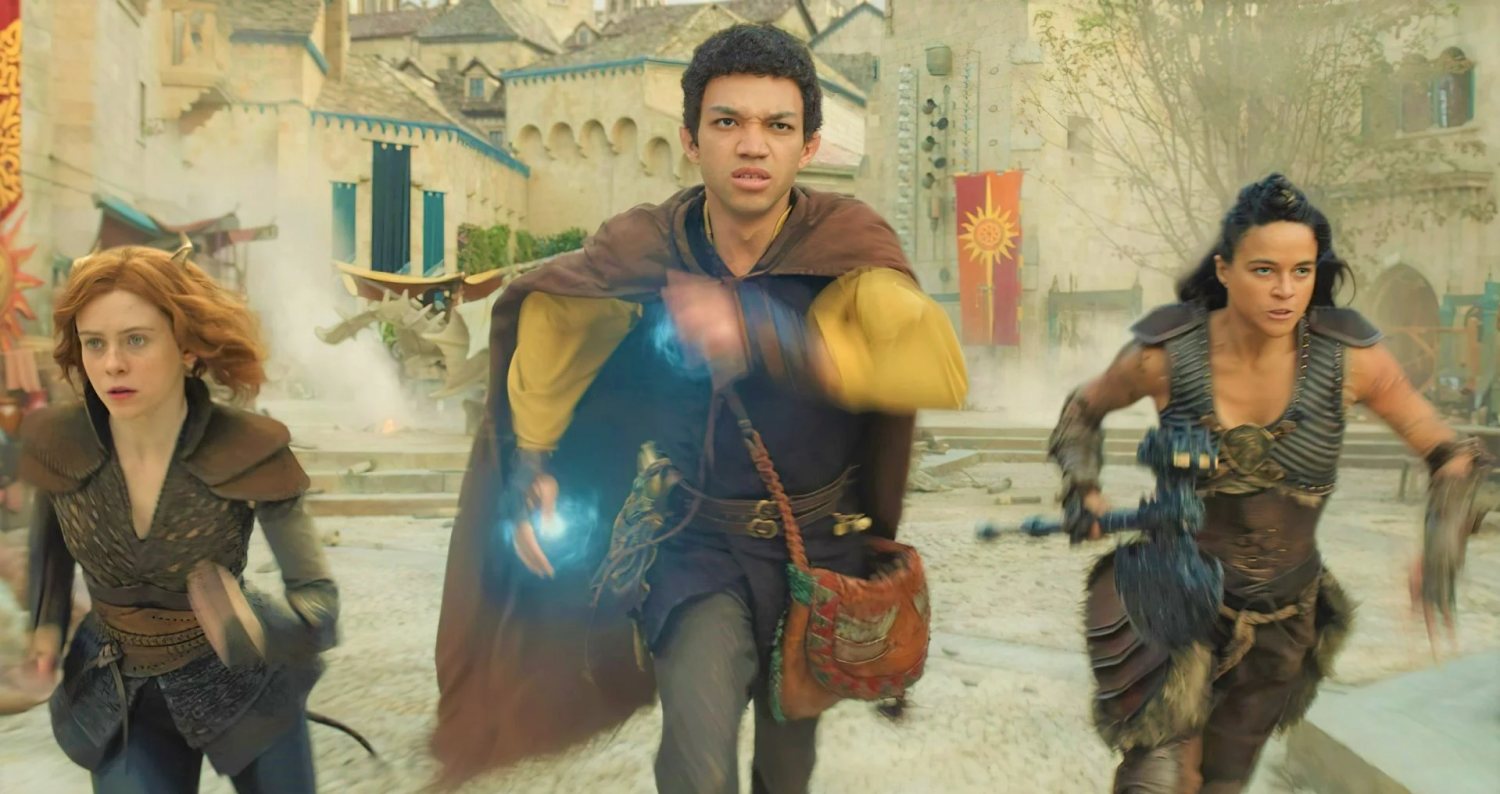 Sophia Lilis (Left), Justice Smith (Center), and Michelle Rodriguez (Right) in the 2023 film Dungeons & Dragons