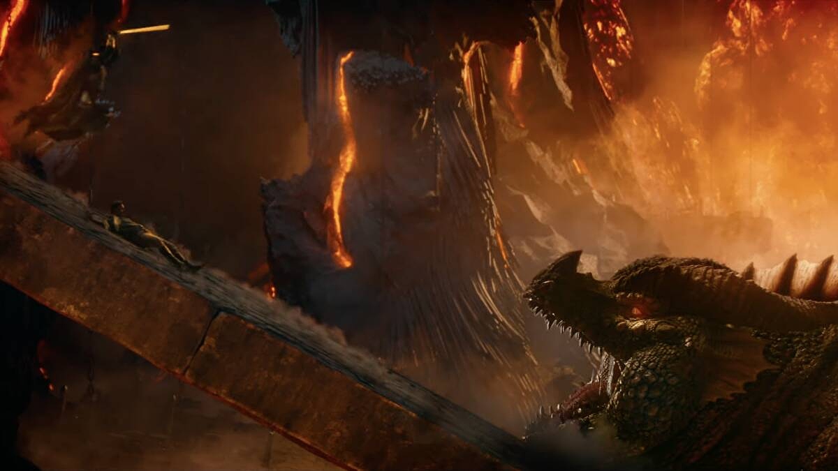 A dragon about to swallow Edgin in the 2023 film Dungeons & Dragons: Honor Among Thieves