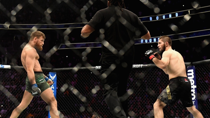 Conor McGregor facing down Khabib Nurmagomedov in their UFC 229 Lightweight Title bout.